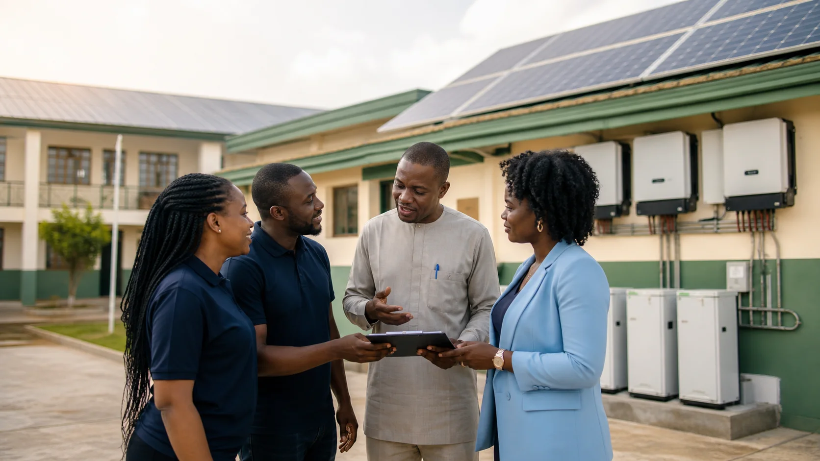 School leaders meeting with the Bright Schools Initiative team beside a solar installation