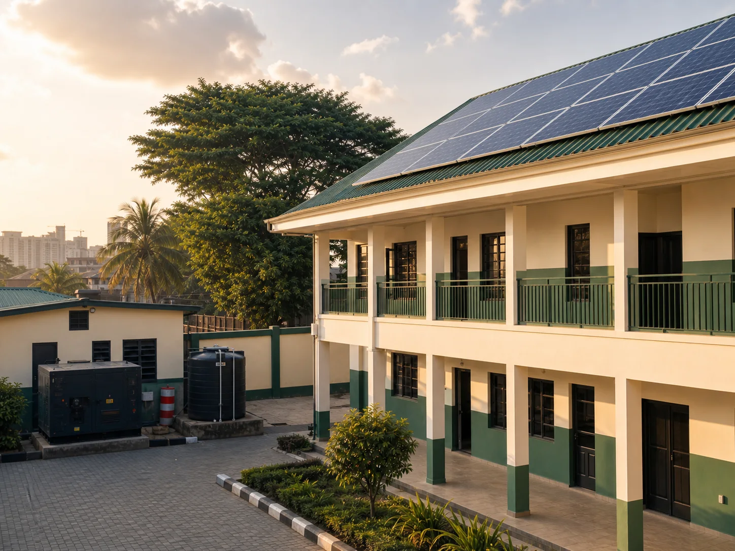 A Lagos school campus showing rooftop solar panels beside the generator it is replacing