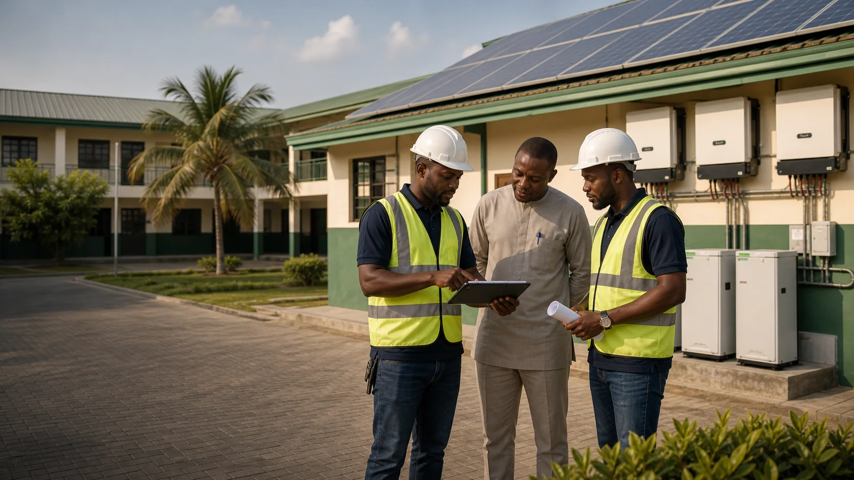 Solar engineers reviewing a school installation plan with a proprietor