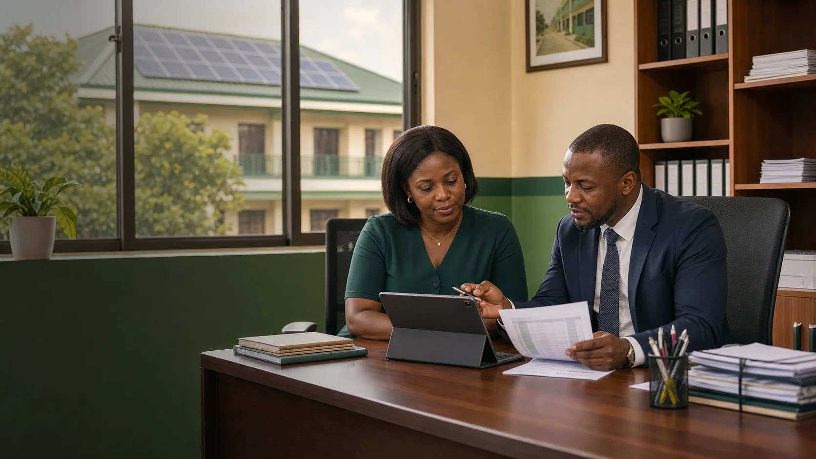 School leaders reviewing a solar financing estimate in an admin office
