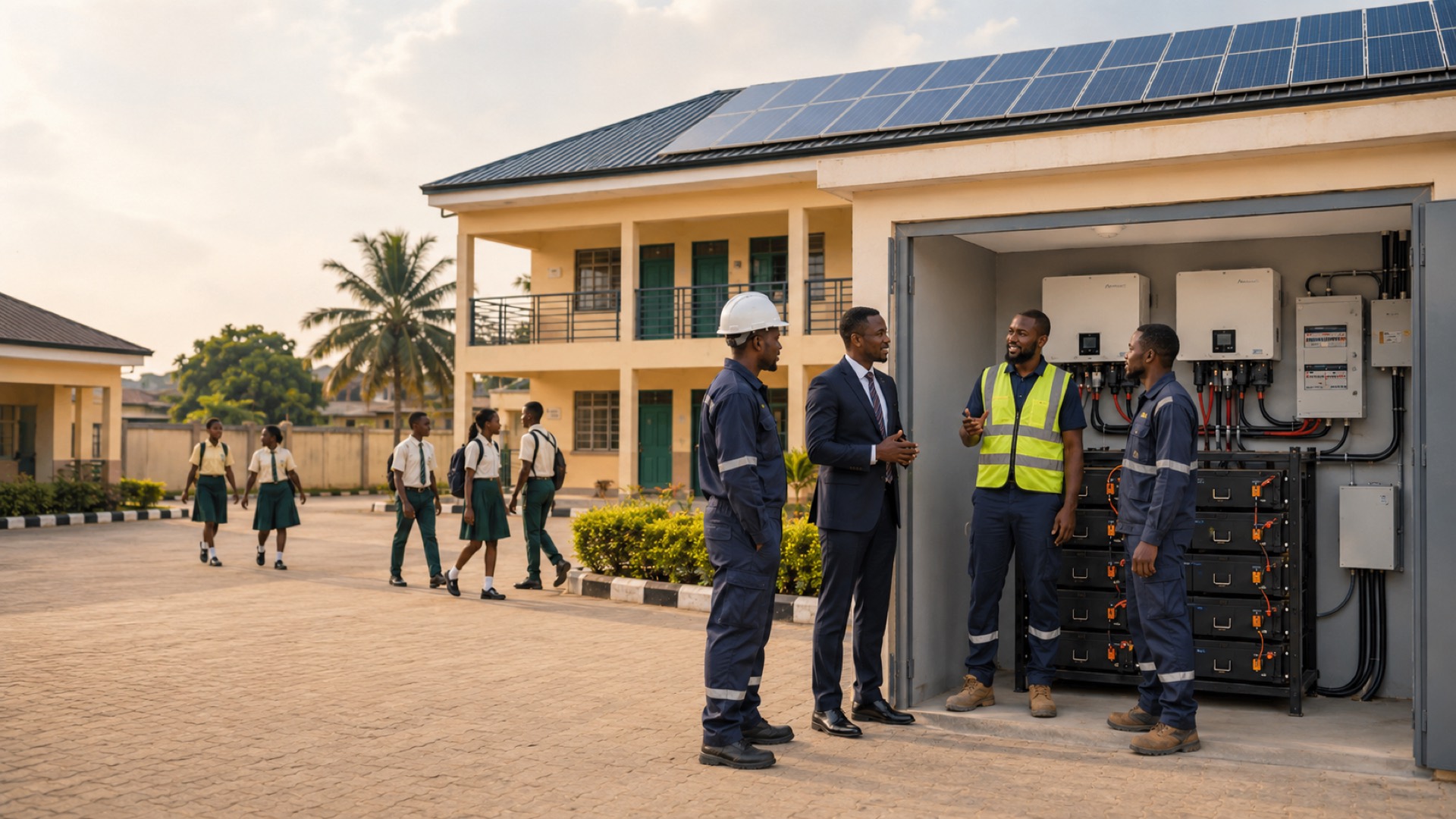 Students walking toward a Nigerian school fitted with rooftop solar panels at golden hour