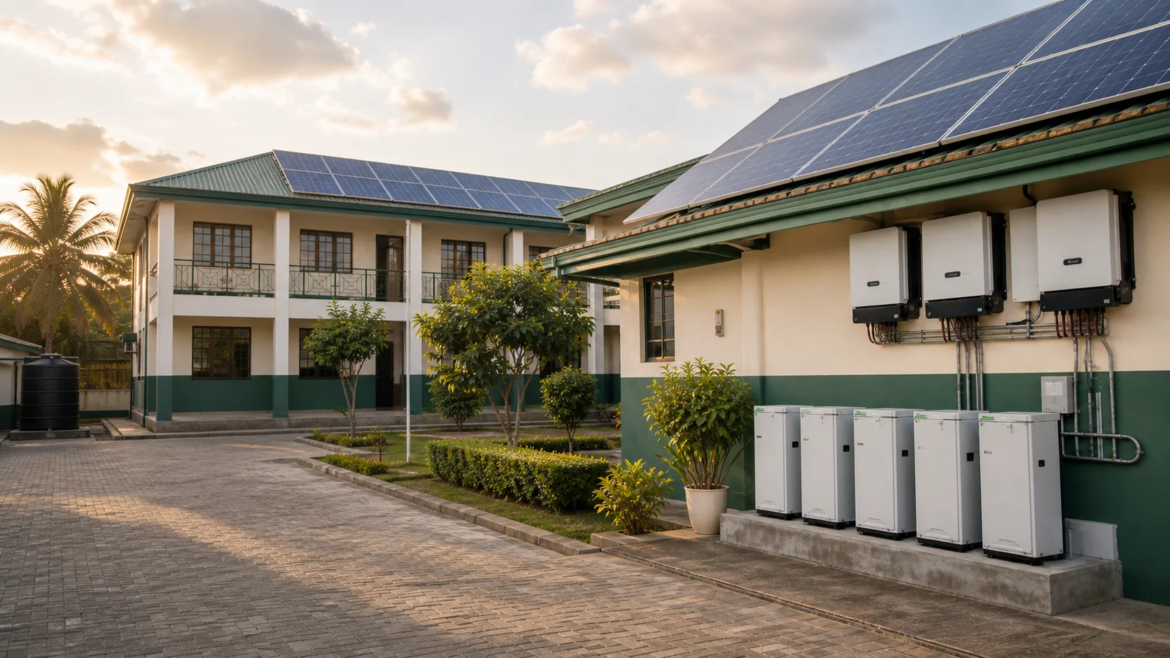 A complete school solar system with rooftop panels, inverters, and battery storage
