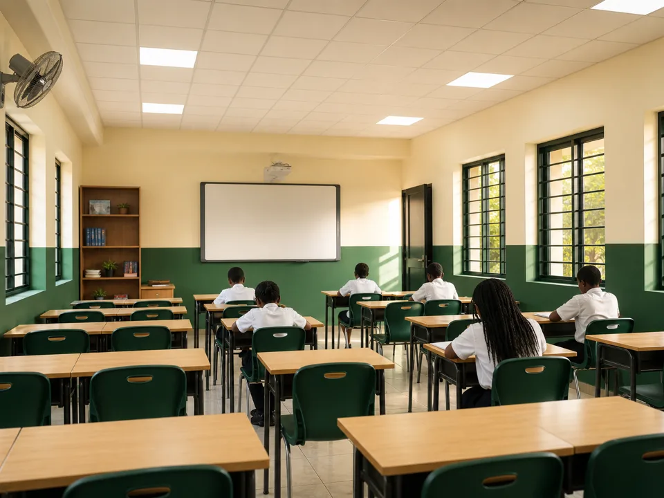 A bright school classroom with desks, wall fans, and lights running