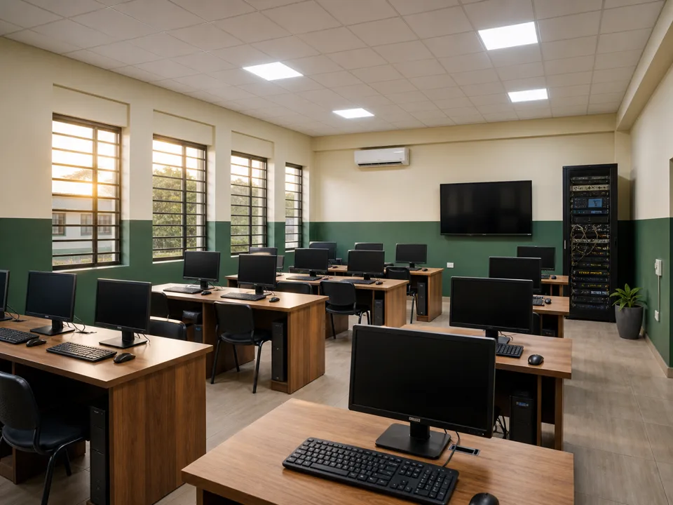 A tidy school ICT lab with computers and stable lighting