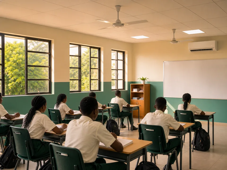 A comfortable classroom with ceiling fans and air conditioning powered by solar