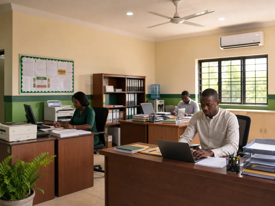 A school administrative office with laptops, printer, fan, and air conditioning