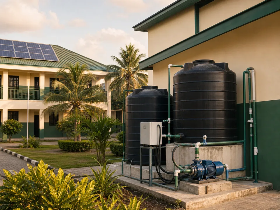 A school borehole pump and water storage tanks beside solar-powered buildings