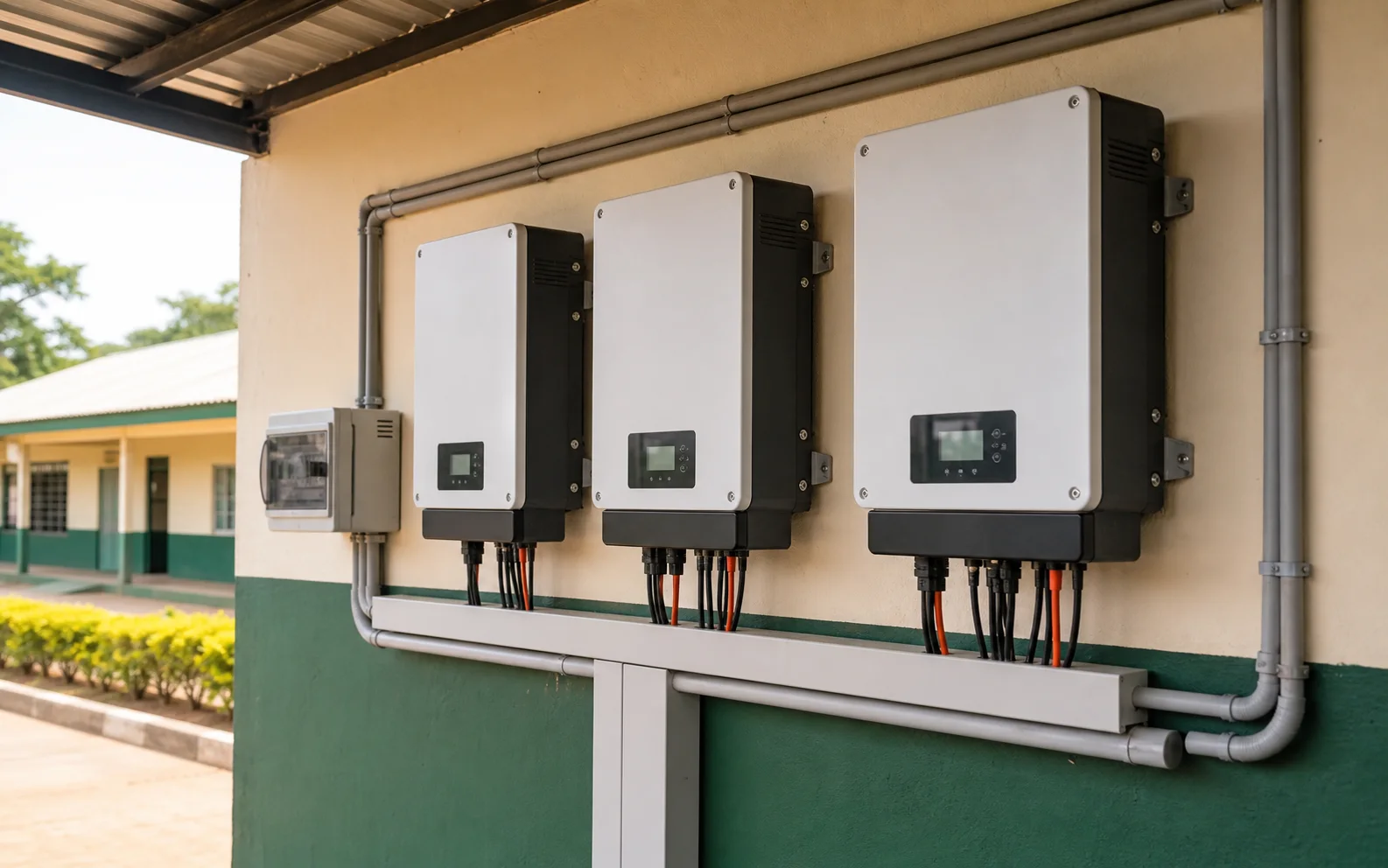 Wall-mounted solar inverters installed neatly at a school