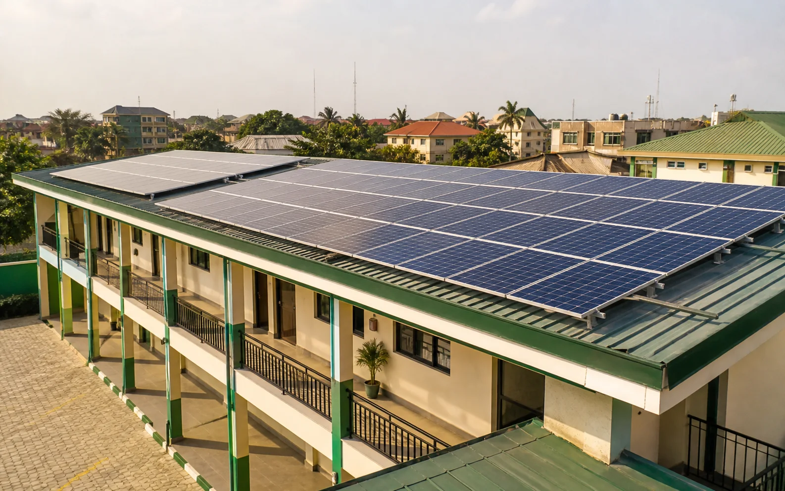 Solar panels installed across the roof of a Nigerian school building